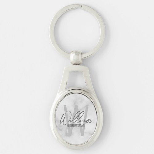 White Marble Modern Script Personalized Groomsmen Keychain