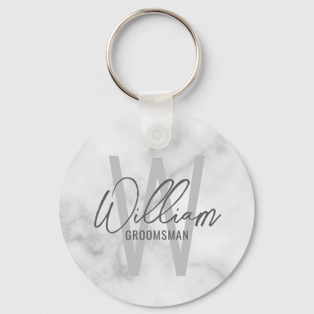 White Marble Modern Script Personalized Groomsmen Keychain (Front)