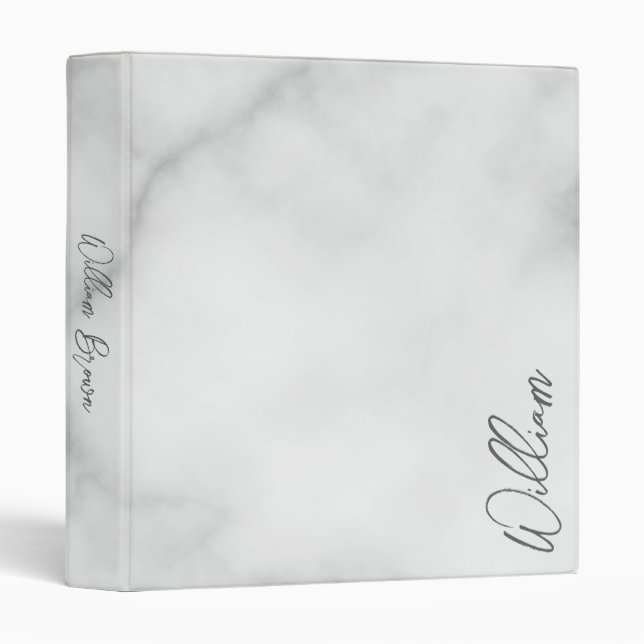 White Marble Modern Script Personalized Name 3 Ring Binder (Front/Spine)