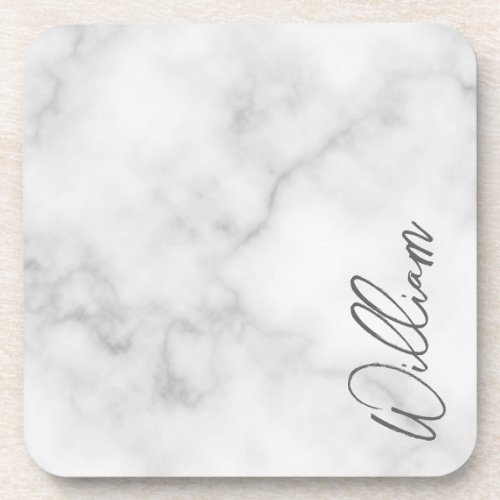 White Marble Modern Script Personalized Name Beverage Coaster