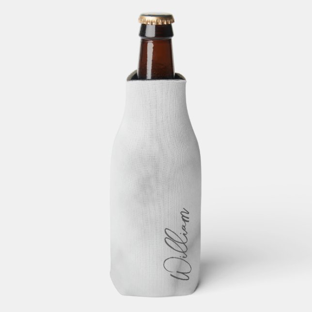 White Marble Modern Script Personalized Name Bottle Cooler (Bottle Front)