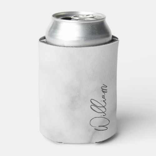 White Marble Modern Script Personalized Name Can Cooler