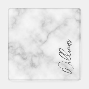 White Marble Modern Script Personalized Name Coaster Set