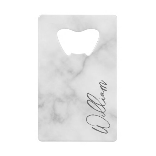 White Marble Modern Script Personalized Name Credit Card Bottle Opener
