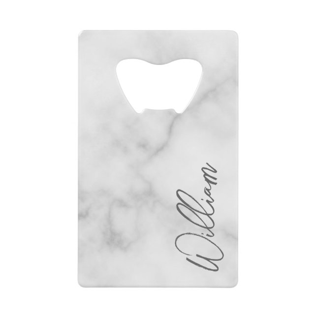 White Marble Modern Script Personalized Name Credit Card Bottle Opener (Front)