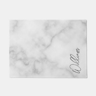 White Marble Modern Script Personalized Name Doormat