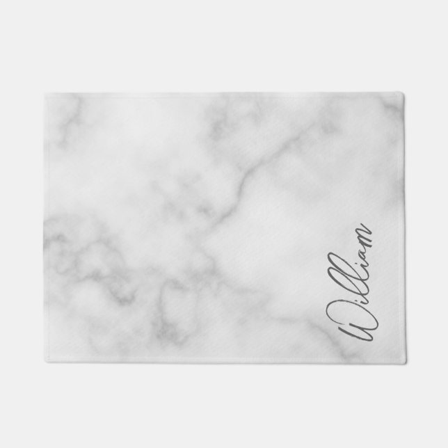 White Marble Modern Script Personalized Name Doormat (Front)