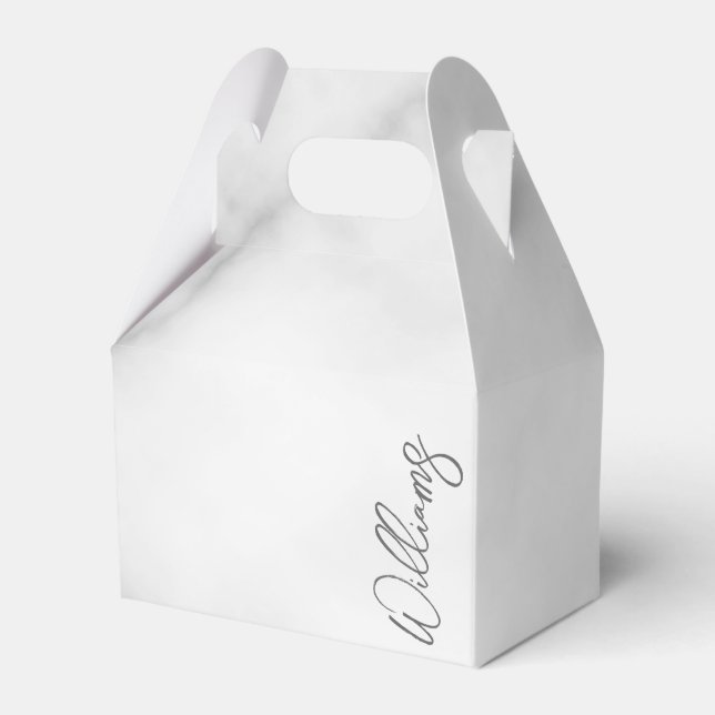 White Marble Modern Script Personalized Name Favor Boxes (Front Side)