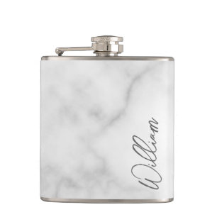 White Marble Modern Script Personalized Name Flask