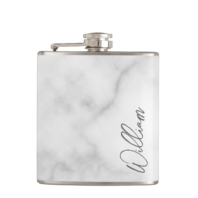 White Marble Modern Script Personalized Name Flask (Front)