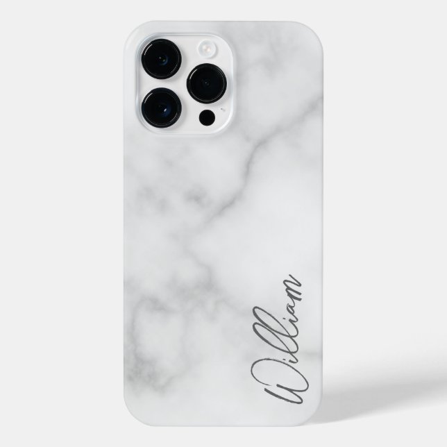 White Marble Modern Script Personalized Name iPhone Case (Back)