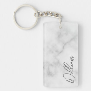 White Marble Modern Script Personalized Name Keychain