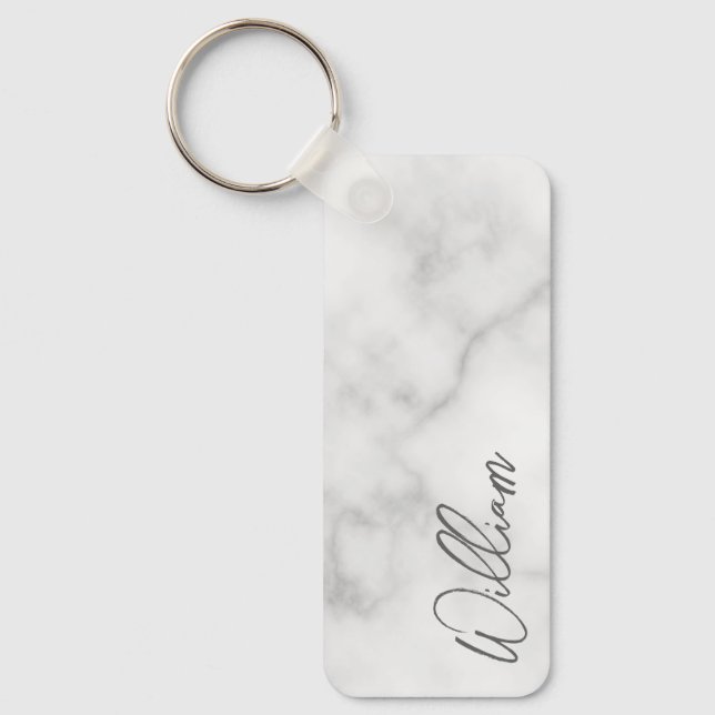 White Marble Modern Script Personalized Name Keychain (Front)