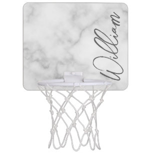 White Marble Modern Script Personalized Name Mini Basketball Hoop
