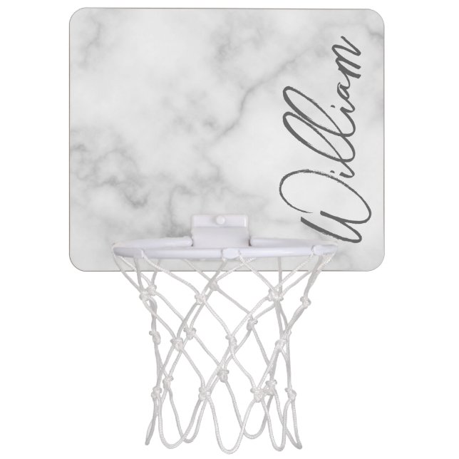 White Marble Modern Script Personalized Name Mini Basketball Hoop (Front)