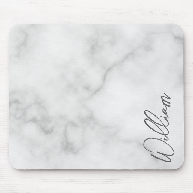 White Marble Modern Script Personalized Name Mouse Pad (Front)
