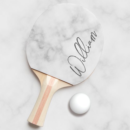 White Marble Modern Script Personalized Name Ping Pong Paddle