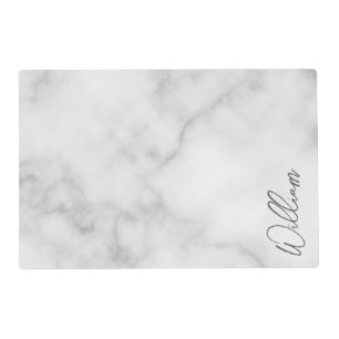 White Marble Modern Script Personalized Name Placemat