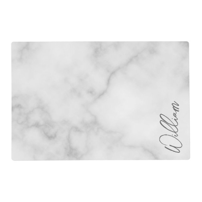 White Marble Modern Script Personalized Name Placemat (Front)