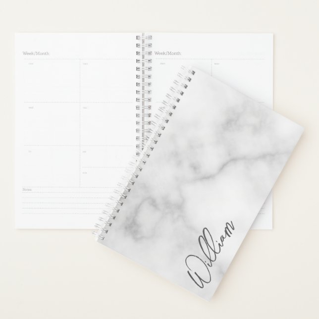 White Marble Modern Script Personalized Name Planner (Display)