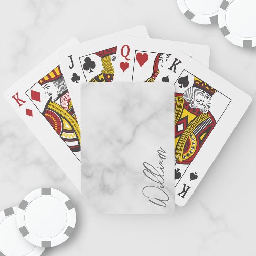 White Marble Modern Script Personalized Name Poker Cards