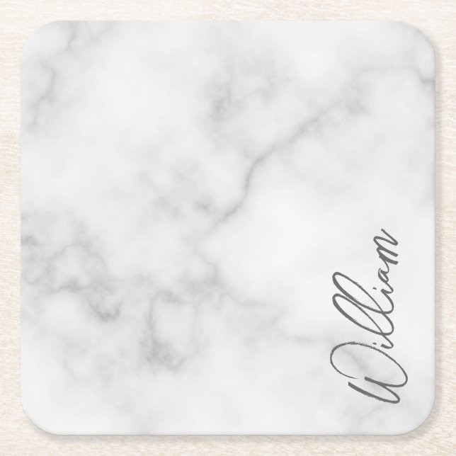 White Marble Modern Script Personalized Name Square Paper Coaster (Front)