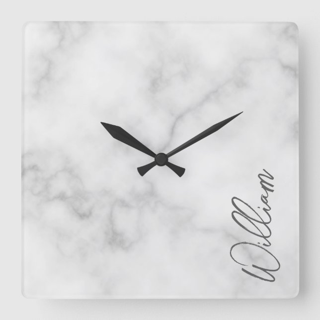 White Marble Modern Script Personalized Name Square Wall Clock (Front)