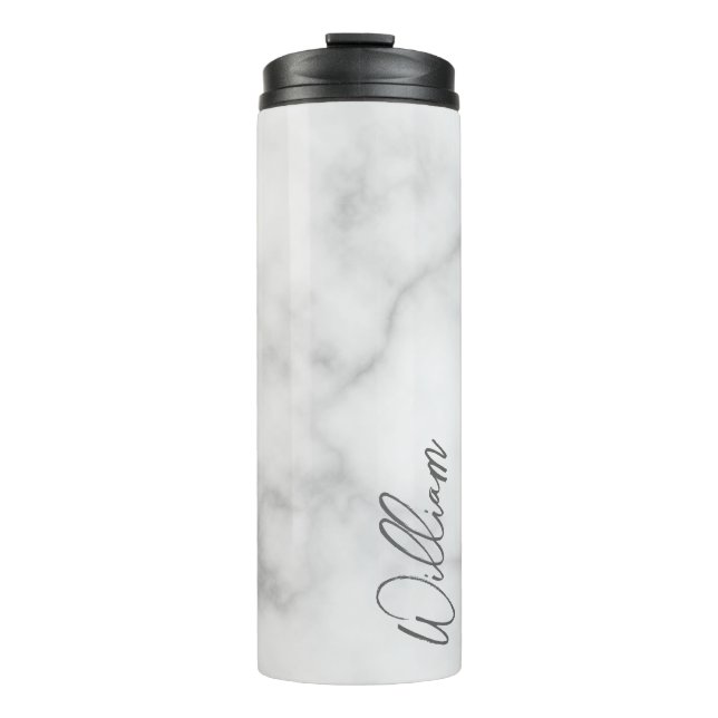 White Marble Modern Script Personalized Name Thermal Tumbler (Front)