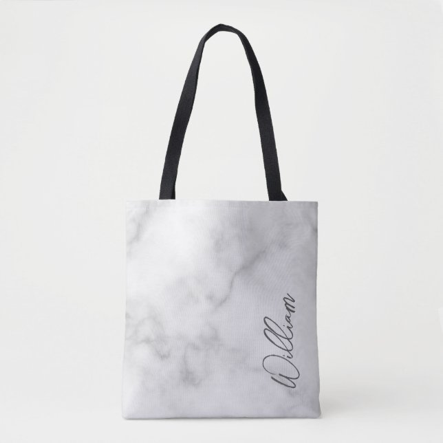 White Marble Modern Script Personalized Name Tote Bag (Front)