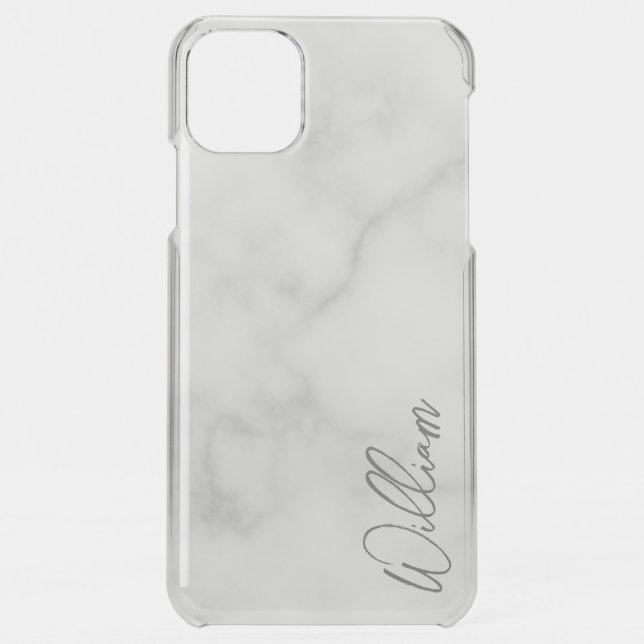 White Marble Modern Script Personalized Name Uncommon iPhone Case (Back)
