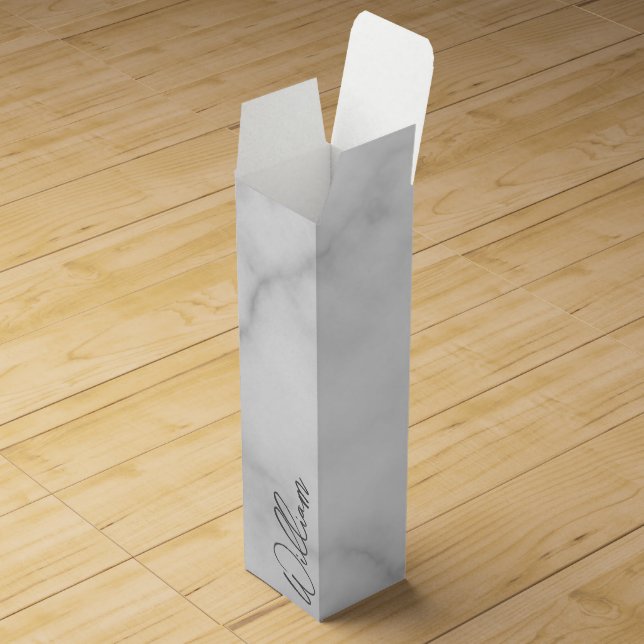 White Marble Modern Script Personalized Name Wine Box (Opened)