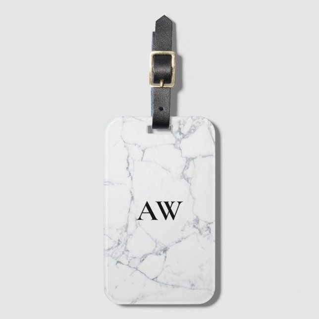 White Marble Monogram Luggage Tag (Front Vertical)