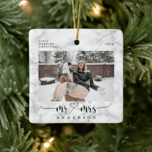 White Marble Mr and Mrs First Married Christmas Ceramic Ornament