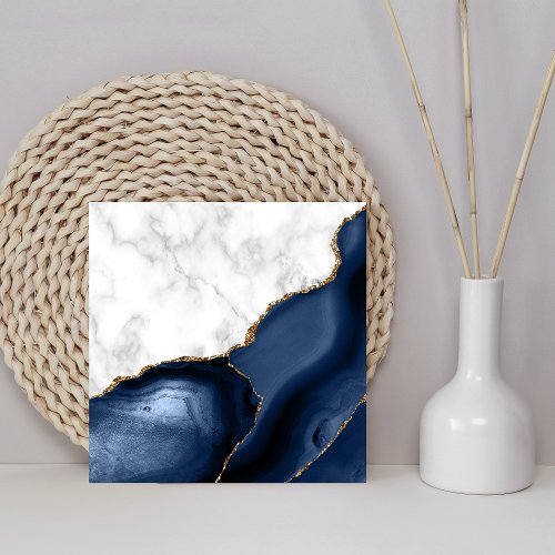 White Marble Navy Blue Agate Gold Glitter Ceramic Tile