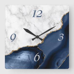 White Marble Navy Blue Agate Gold Glitter Square Wall Clock