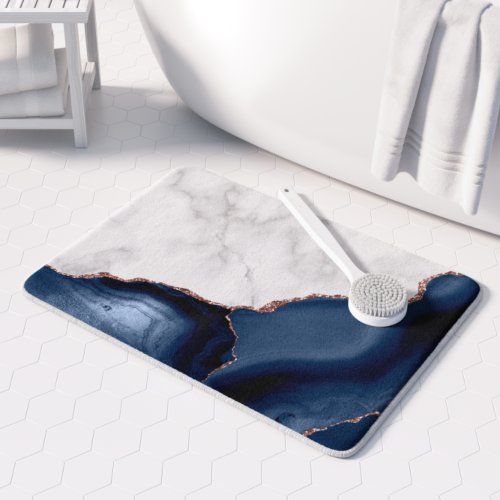 White Marble Navy Blue Agate Rose Gold Glitter Bath Mat