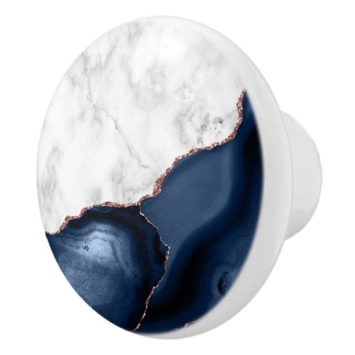 White Marble Navy Blue Agate Rose Gold Glitter Ceramic Knob