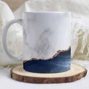 White Marble Navy Blue Agate Rose Gold Glitter  Coffee Mug