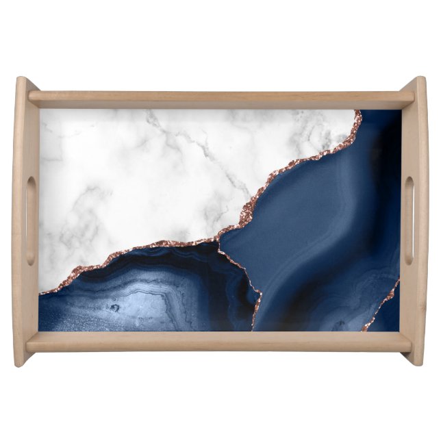 White Marble Navy Blue Agate Rose Gold Glitter Serving Tray (Front)