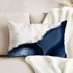 White Marble Navy Blue Agate Silver Glitter Accent Pillow