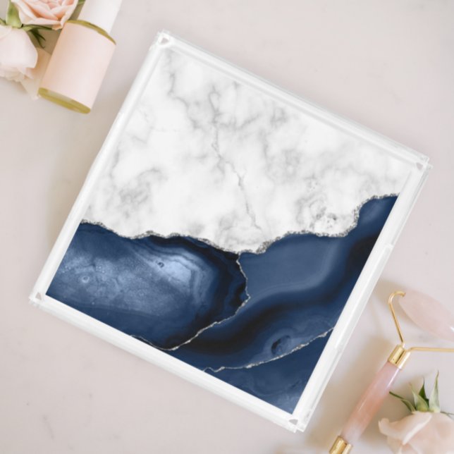 White Marble Navy Blue Agate Silver Glitter Acrylic Tray (Creator Uploaded)