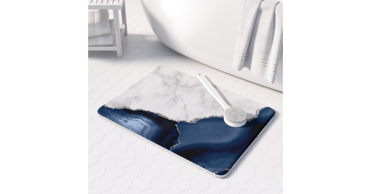White Marble Navy Blue Agate Silver Glitter Bath Mat Zazzle