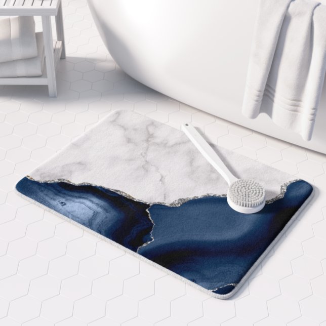 White Marble Navy Blue Agate Silver Glitter Bath Mat (Creator Uploaded)