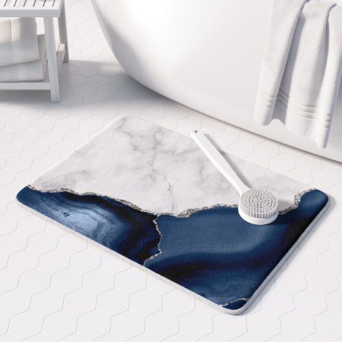 White Marble Navy Blue Agate Silver Glitter Bath Mat