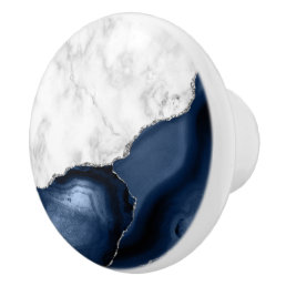 White Marble Navy Blue Agate Silver Glitter Ceramic Knob