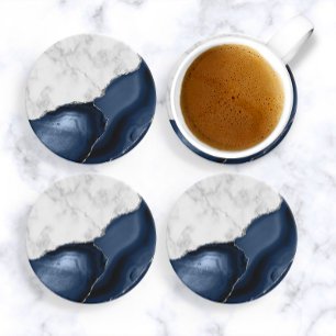 White Marble Navy Blue Agate Silver Glitter Coaster