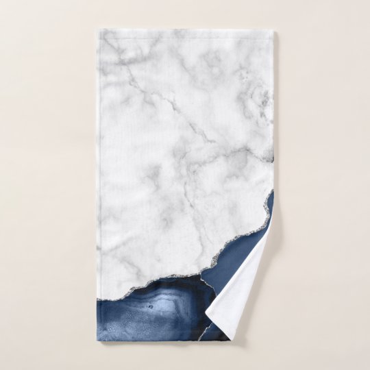 White Marble Navy Blue Agate Silver Glitter Hand Towel