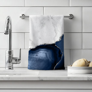 White Marble Navy Blue Agate Silver Glitter Hand Towel