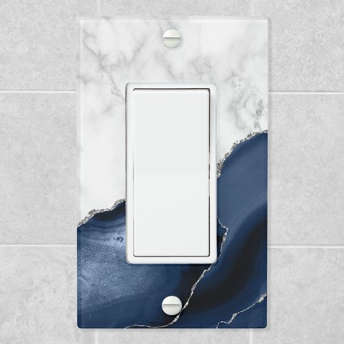 White Marble Navy Blue Agate Silver Glitter Light Switch Cover