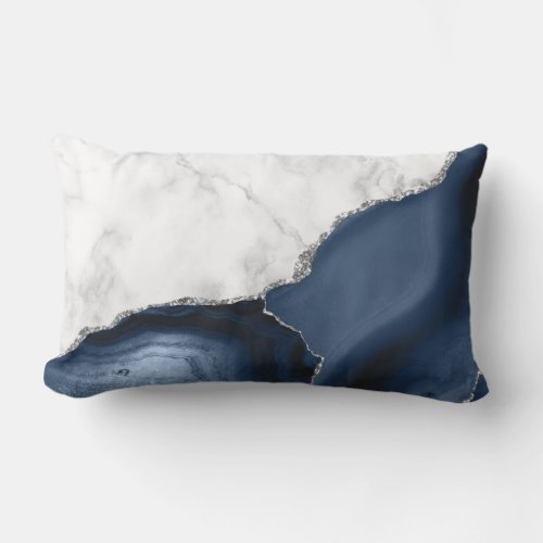 White Marble Navy Blue Agate Silver Glitter Lumbar Pillow